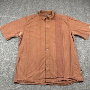 Kuhl Shirt Men XL Orange Rust Tribal Short Sleeve Organic Hike Climb *DISTRESSED